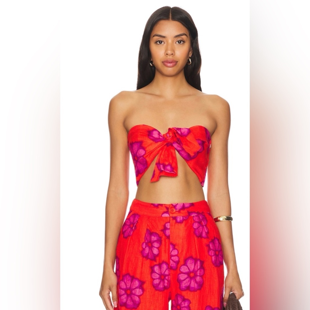 Revolve RHODE Toni Top L Scarlet Bombay Bloom Linen Bandeau Twist MSRP $245 NWT